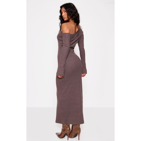 Chocolate Heavy Brushed Asymmetric Maxi Dress