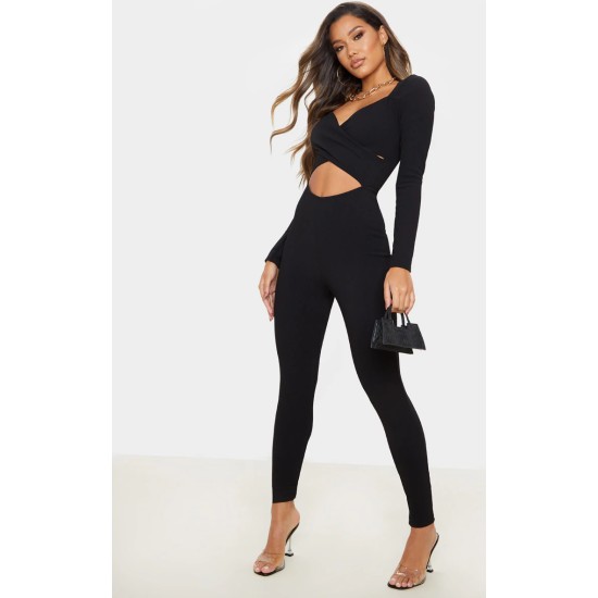 Black Rib Cross Over Long Sleeved Jumpsuit