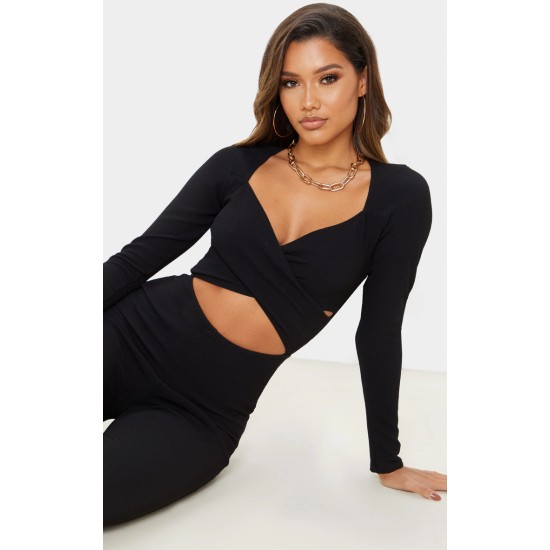 Black Rib Cross Over Long Sleeved Jumpsuit