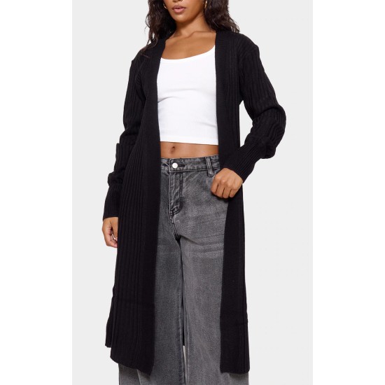 Black Ribbed Knitted Midi Cardigan