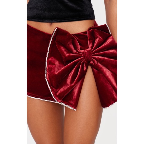 Burgundy Velvet Oversized Bow Diamante Trim Mini Skirt