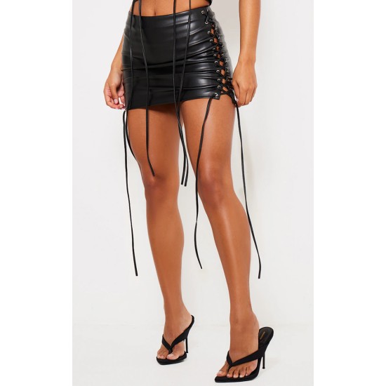 Premium Black Faux Leather Lace Front Micro Mini Skirt