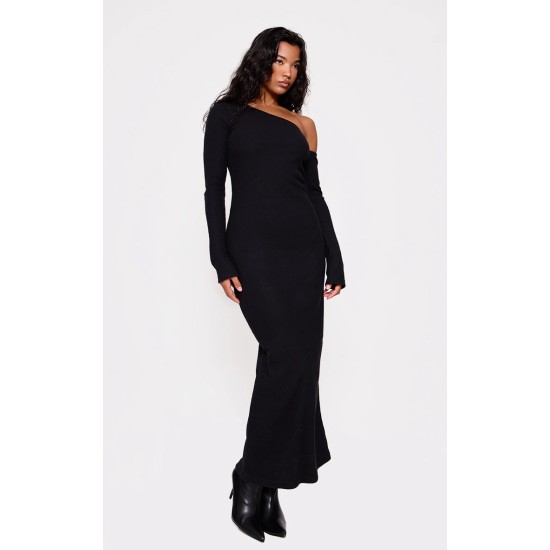 Black Heavy Brushed Asymmetric Ruched Maxi Dress