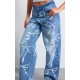 Light Blue Ribbon Detail Laser Print Jeans