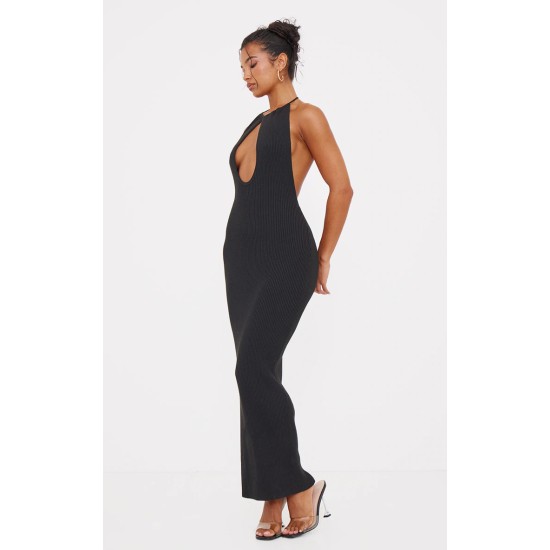 Black Fine Knit Halterneck Maxi Dress