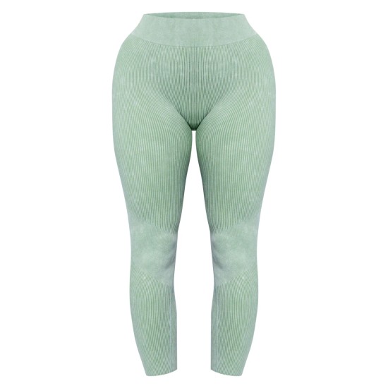 Khaki Acid Wash Seamless Rib High Waist Gym Leggings