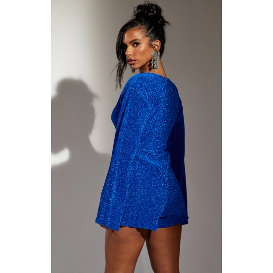 Bright Blue Glitter Plisse Flare Sleeve Cut Out Romper