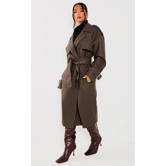 Petite Chocolate Faux Leather Buckle Trench Coat