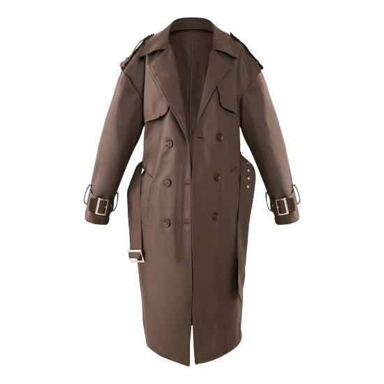 Petite Chocolate Faux Leather Buckle Trench Coat