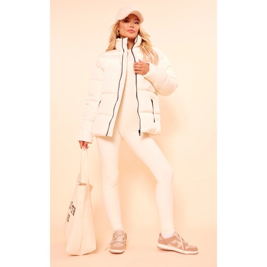 PRETTYLITTLETHING Off White Panelled High Neck Puffer Coat