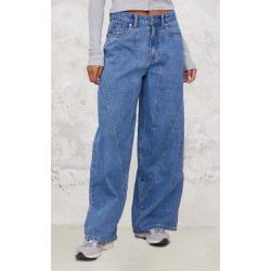 Mid Blue Wash Seam Detail Wide Leg Denim Jeans