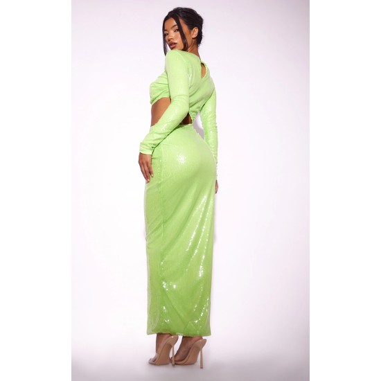 Lime Sequin Cut Out Long Sleeve Maxi Dress