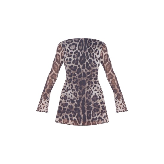 Leopard Mesh Long Sleeve Tie Back Shift Dress