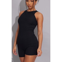 Black Ribbed Racer Neck Unitard