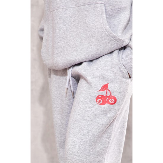 Grey Marl Cherry Print Oversized Wide Leg Sweatpants