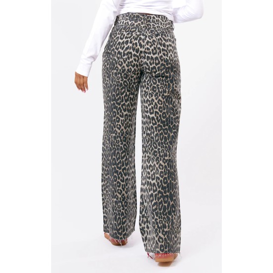 Brown Leopard Print Denim Wide Leg Denim Jean