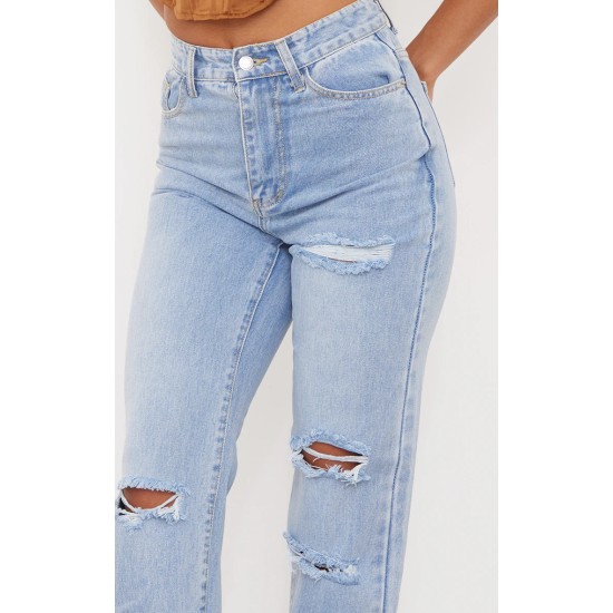 PRETTYLITTLETHING Light Blue Wash Ripped Long Leg Straight Jeans