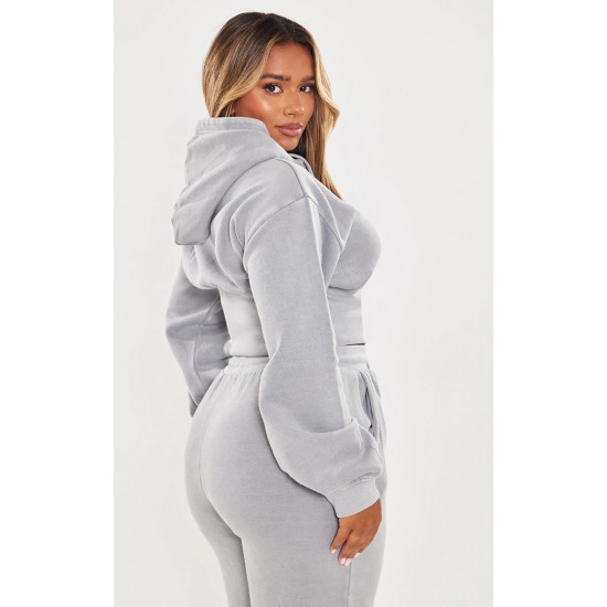 Shape Light Grey Sweat Cropped Shirred Waist Hoodie