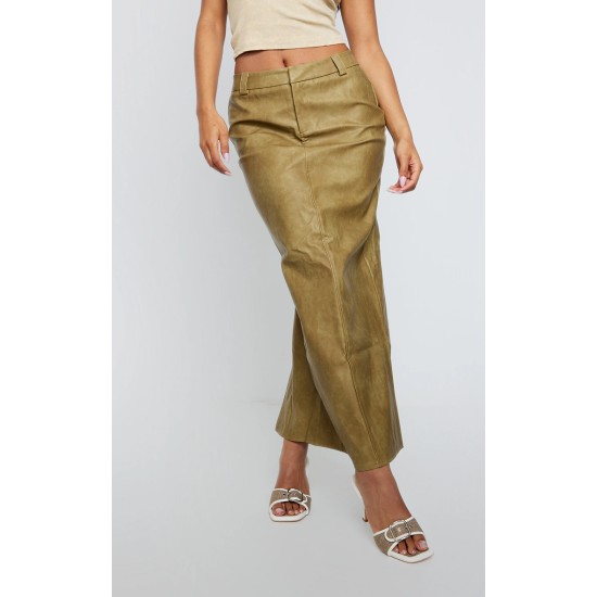 Premium Olive Washed Faux Leather Maxi Skirt