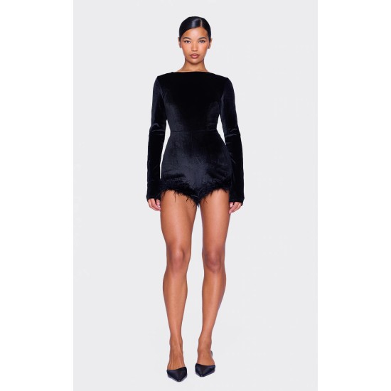 Black Velvet Long Sleeve Feather Trim Romper