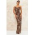 Brown Leopard Print Chiffon Lace Trim Strappy Maxi Dress