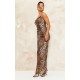 Brown Leopard Print Chiffon Lace Trim Strappy Maxi Dress