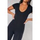 Black V Neck Short Sleeve Jersey Jumpsuit