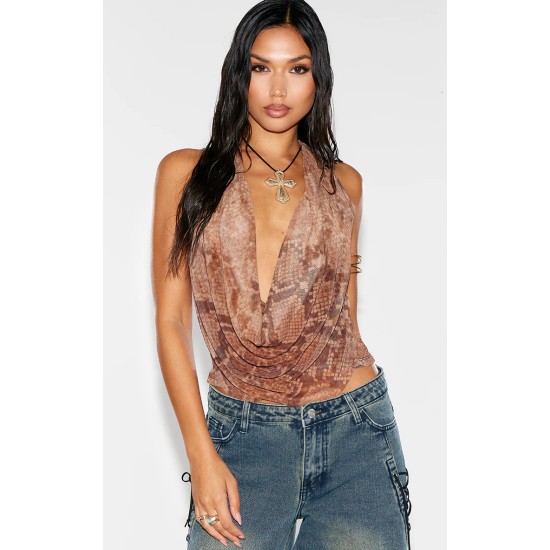 Brown Mesh Snake Printed Halter Neck Top