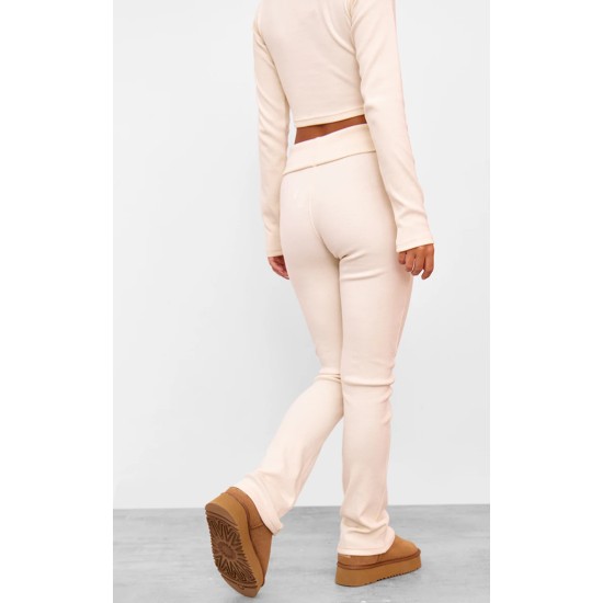 Cream Rib Fold Over Waist Flared Pants