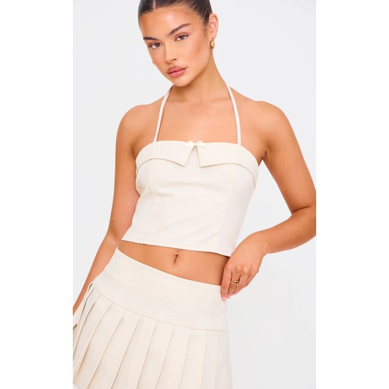 Cream Bow Detail Tie Neck Halterneck Crop Top