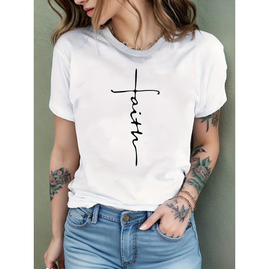 Women&#8217;s Faith Print Short Sleeve T-Shirt, Casual Tee, Slight Stretch Round Neck Top &#8211; PRYCUS MITCHELL INC