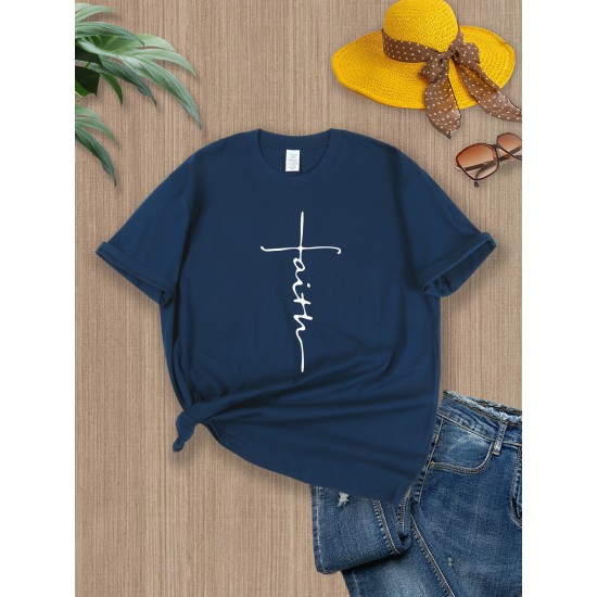 Women&#8217;s Faith Print Short Sleeve T-Shirt, Casual Tee, Slight Stretch Round Neck Top &#8211; PRYCUS MITCHELL INC