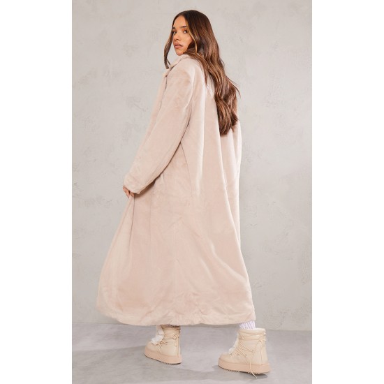 Beige Premium Soft Faux Fur Tailored Maxi Coat