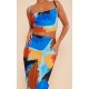 Blue Abstract Print Plisse Maxi Skirt