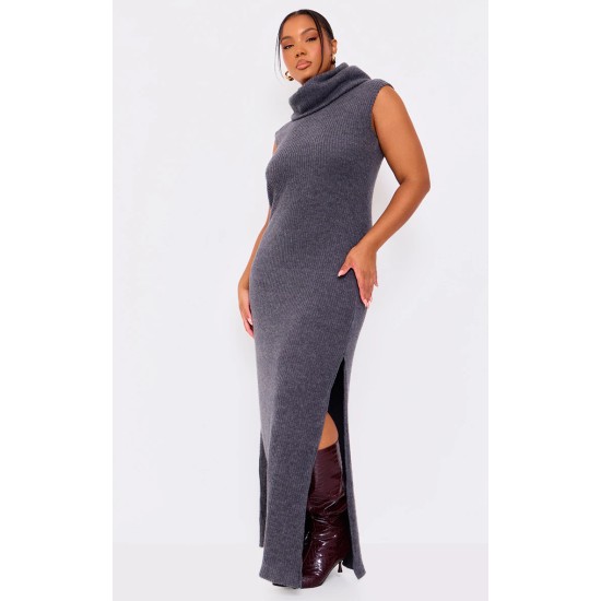 Plus Charcoal Brushed Rib Roll Neck Maxi Dress