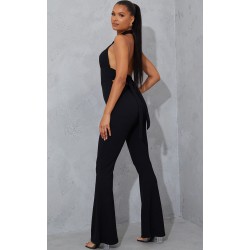 Black Cross Neck Tie Back Rib Jumpsuit