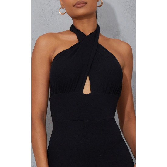 Black Cross Neck Tie Back Rib Jumpsuit