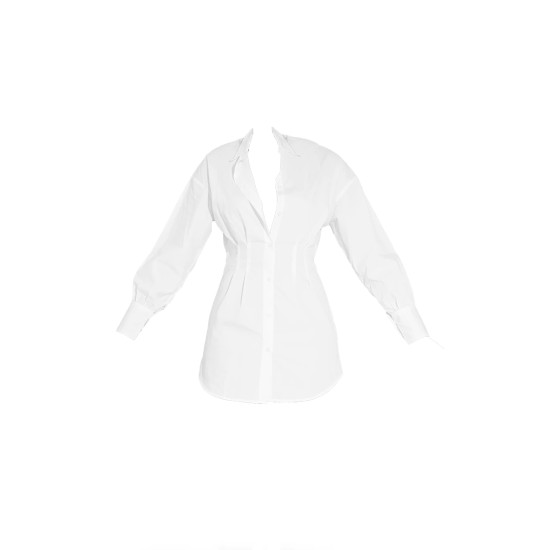 White Fitted Waist Long Sleeve Button Shirt Dress