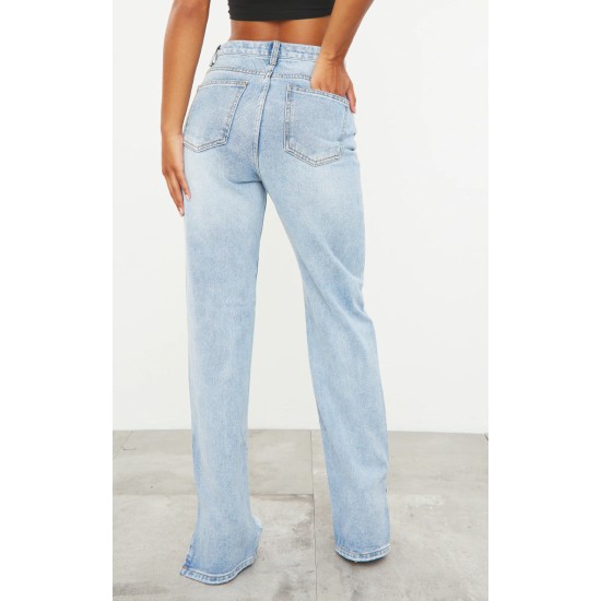 Light Blue Wash Ripped Split Hem Straight Leg Jeans