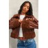 Chocolate Borg Pocket Front Faux Leather Cropped Coat