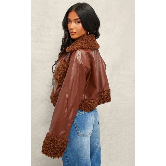 Chocolate Borg Pocket Front Faux Leather Cropped Coat