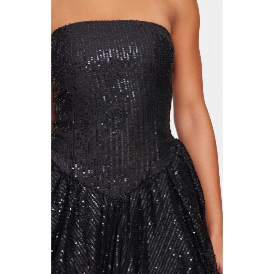 Black Sequin Bandeau Mini Puffball Dress