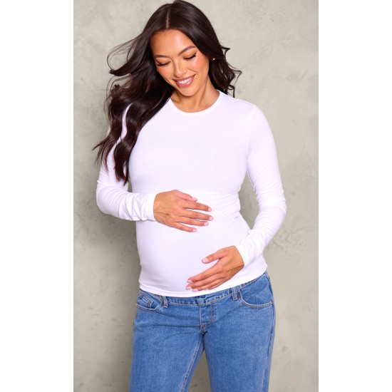 Maternity White Long Sleeve Basic Fitted Top