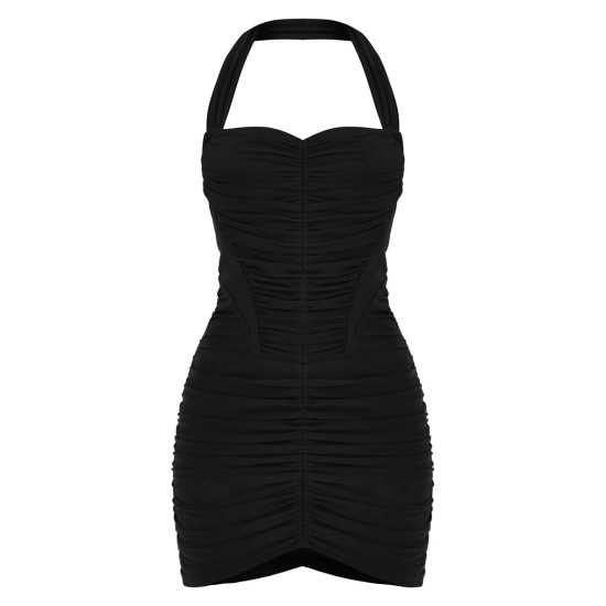 Black Mesh Extreme Ruched Corset Halter Bodycon Dress