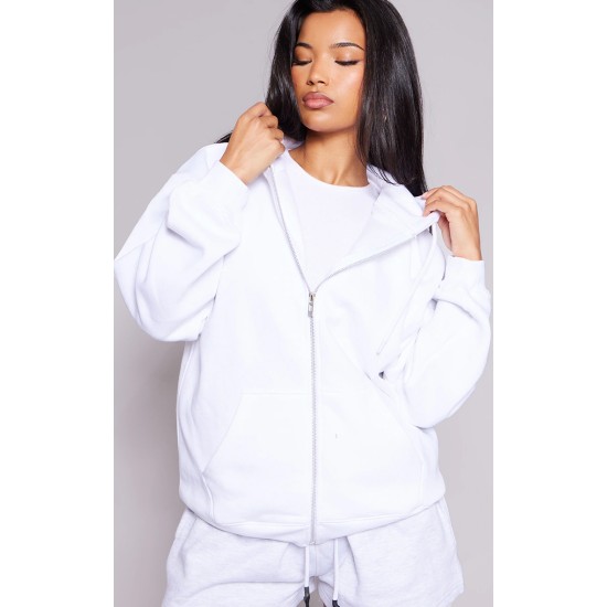 White Oversized Zip Up Plain Front Hoodie