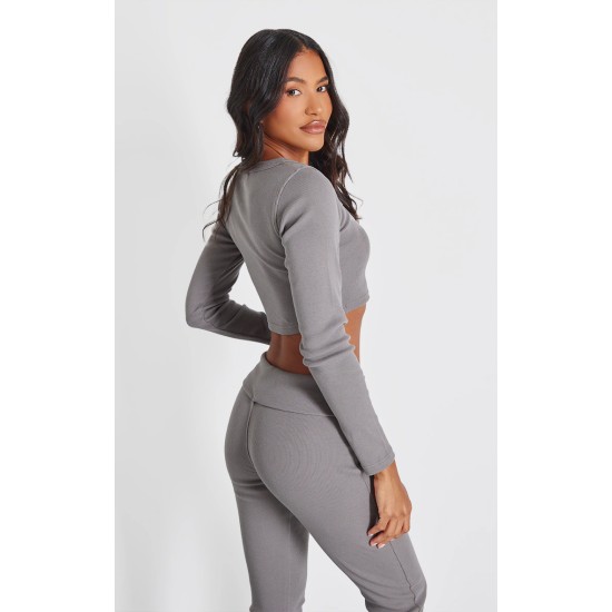 Charcoal Rib Scoop Neck Long Sleeve Crop Top