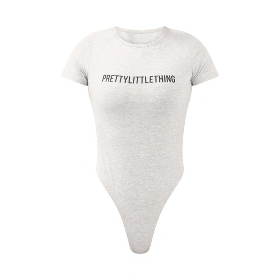 PRETTYLITTLETHING Ash Grey Logo Short Sleeved Bodysuit