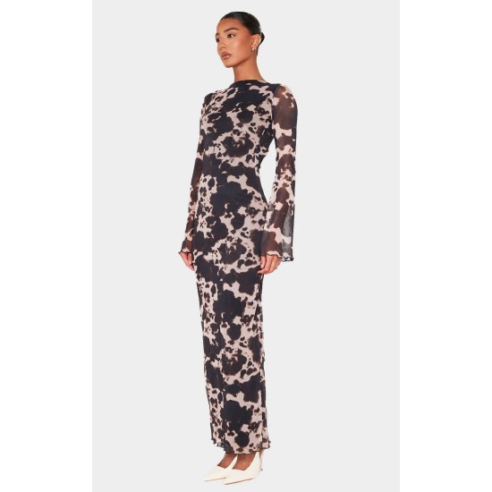 Brown Abstract Print Mesh Long Sleeve Maxi Dress