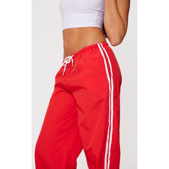 Bright Red Shell Side Stripe Detail Wide Leg Pants