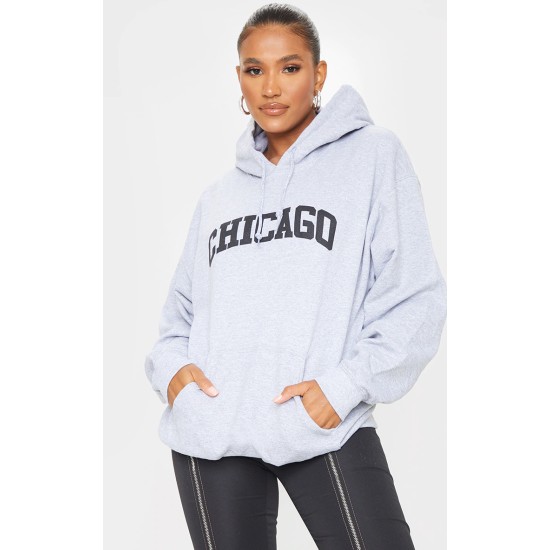 Grey Chicago Print Oversized Hoodie